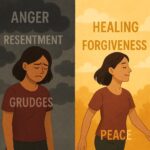 A side-by-side digital illustration showing a woman divided into two emotional states. On the left, she is immersed in dark clouds with words such as "ANGER," "RESENTMENT," and "GRUDGES" floating around her, conveying a sense of turmoil and heaviness. On the right, she appears bathed in warm, gentle light with words like "HEALING," "FORGIVENESS," and "PEACE" surrounding her, symbolizing a transformation toward calm and emotional well-being.