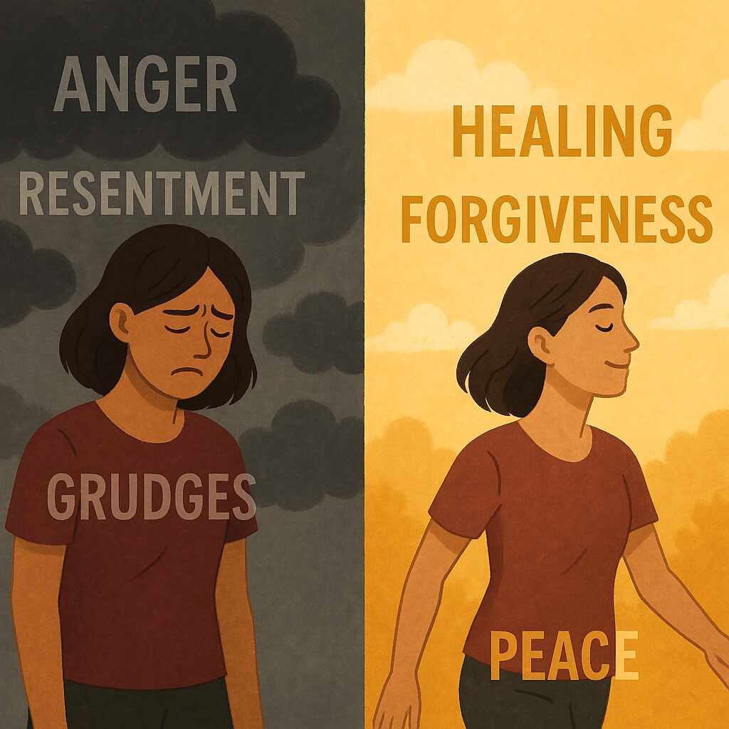 A side-by-side digital illustration showing a woman divided into two emotional states. On the left, she is immersed in dark clouds with words such as "ANGER," "RESENTMENT," and "GRUDGES" floating around her, conveying a sense of turmoil and heaviness. On the right, she appears bathed in warm, gentle light with words like "HEALING," "FORGIVENESS," and "PEACE" surrounding her, symbolizing a transformation toward calm and emotional well-being.