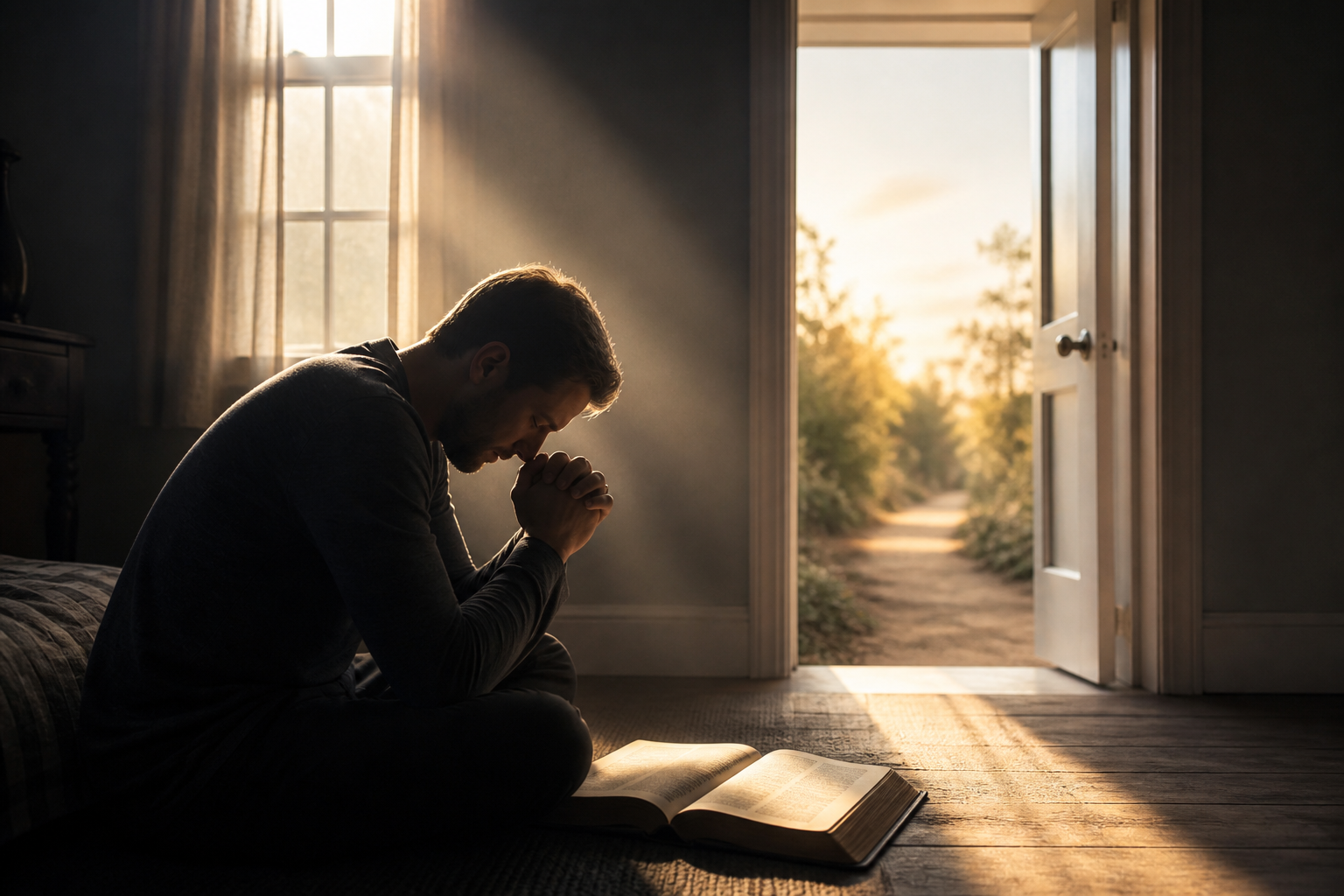 A man sits with his head bowed and hands clasped beside an open Bible as sunlight enters through an open door