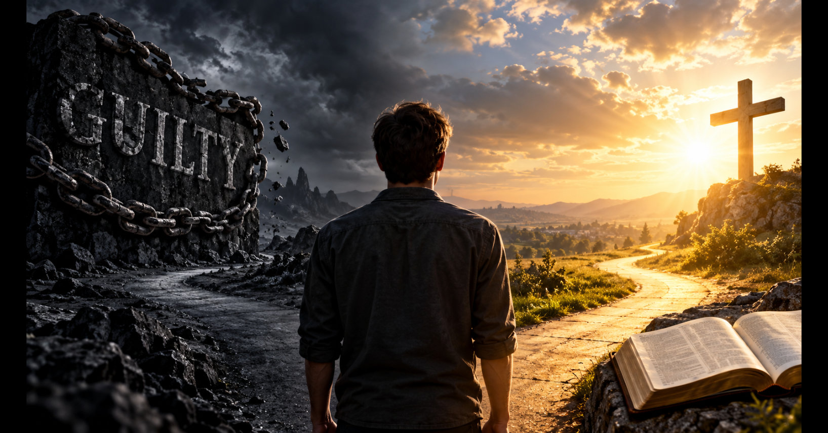 A man stands at a crossroads between darkness and light. To his left, a massive stone engraved “GUILTY” is bound in heavy chains beneath storm clouds, symbolizing sin and condemnation. To his right, a sunlit pathway leads toward a cross on a hill, with an open Bible in the foreground, representing God’s grace, forgiveness, and redemption through Jesus Christ.